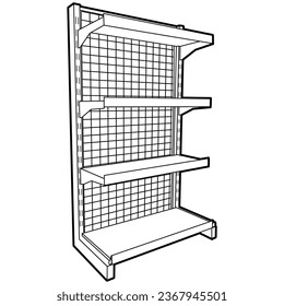 Bandeja de pared, 4 estantes, bandeja para la pantalla del centro comercial Metal, bandeja para la pantalla del supermercado, ilustración del vector aislada en blanco y negro sobre fondo transparente.