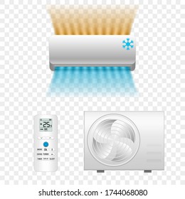 Wall realistic white air conditioner with air flow. Realistic ventilation equipment  and remote control for air condition. Stock vector illustration on transparent isolated background.