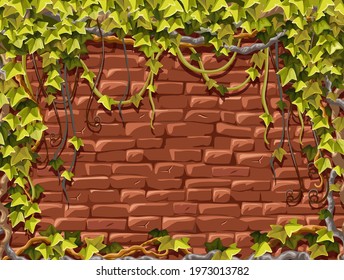 Wall red brick and branches liana, ivy. Old shabby house facade with plants jungle. Vector background.
