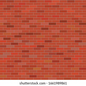 Wall of red ceramic bricks of different colors. Plain brickwork on cement mortar. Vector background.