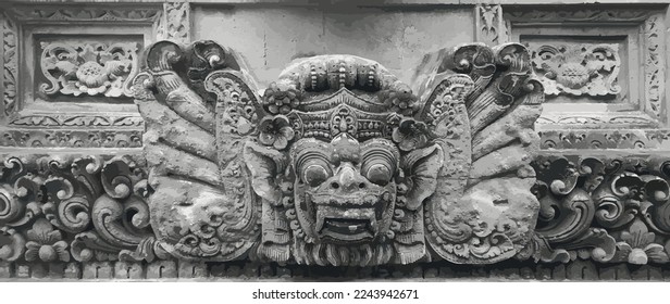 Wall relief detail from richly decorated stone monument in Ubud