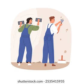 Wall renovation and repair. Building workers plastering and smoothing drywall. Builders, construction workmen renovating, work with trowel. Flat vector illustration isolated on white background