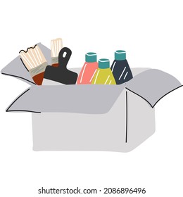 Wall renovation tool kit in cardboard box vector icon. Oil, paint, varnish liquid bottle packages and paintbrush for repair isolated on white background