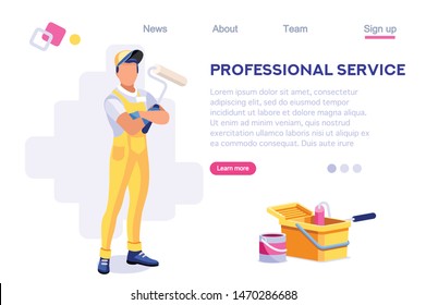 Wall Repair Professional, Home Clip. Painting Work, Roller Set, Vacuuming Design, Sweeping Wallpaper. Service Cleaner Element. Worker Cartoon Flat Vector Illustration Banner Isolated Isometric Concept