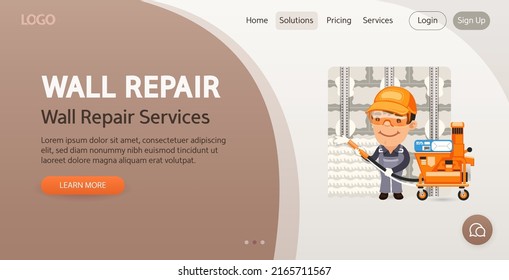 Plantilla del sitio web de Servicios de reparación de pared. Ilustración de reparación de paredes con personaje de dibujos animados.