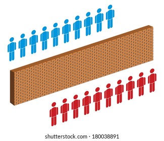 wall separating people, red and blue group of people 