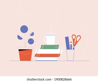 Wall shelf with books, potted plant and interior objects. Vector illustration