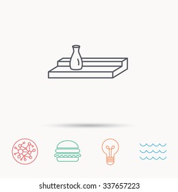 Wall shelf icon. Bookshelf with vase sign. Global connect network, ocean wave and burger icons. Lightbulb lamp symbol.