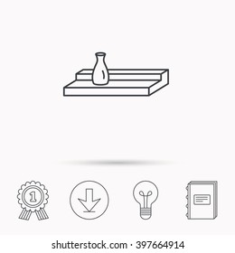 Wall shelf icon. Bookshelf with vase sign. Download arrow, lamp, learn book and award medal icons.