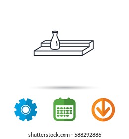 Wall shelf icon. Bookshelf with vase sign. Calendar, cogwheel and download arrow signs. Colored flat web icons. Vector