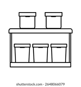 Wall shelf with labeled storage bins clean line scene Vector illustration