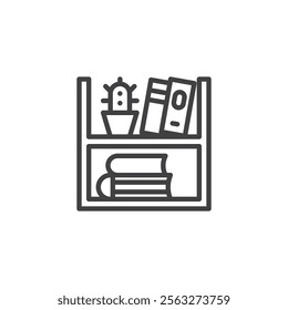 Wall Shelf line icon. linear style sign for mobile concept and web design. A shelf with books and cacti outline vector icon. Symbol, logo illustration. Vector graphics