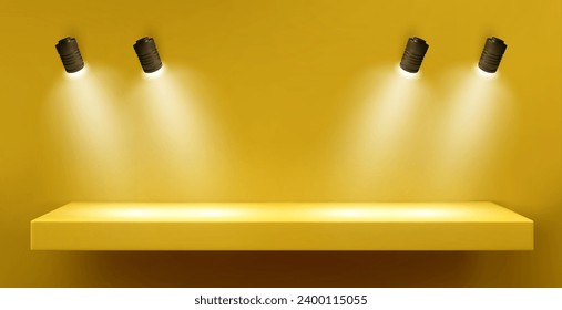 Wall with shelf and spot light lamp for product display. Realistic vector illustration of empty platform illuminated by spotlight. Mockup of gallery or exhibition studio podium with highlight.