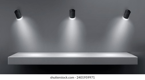 Wall with shelf and spot light lamp for product display. Realistic vector illustration of empty platform illuminated by spotlight. Mockup of gallery or exhibition studio podium with highlight.