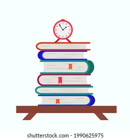 Wall shelf with stack of books and alarm clock in a flat style, vector illustration, concept of education, school and reading