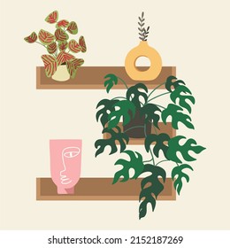 Wall shelf with various plants, vases and decorations. Interior elements. Flat design, cartoon hand drawn, vector.