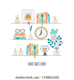 Wall shelves with home interior objects. Hand drawn vector illustration. Home sweet home.