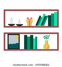 Wall shelves for a living room interior with vase with a branch, books, candles, gift and picture. Vector flat illustration.