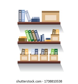 Wall Regale, die über Speicherboxen für Dateien und Bücher verfügen.