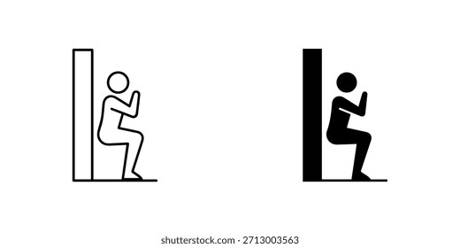 Icono del ejercicio del sitio de la pared, persona que hace la sentadilla de la pared, contorno y silueta sólida, aislado en blanco
