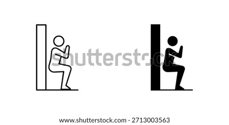 Wall sit exercise icon, person doing wall squat, outline and solid silhouette, isolated on white