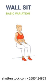 Wall Sit Woman Workout Exercise Guide Illustration. Colorful Concept of Girl Working at Home on Her Legs a Young Feale in Sportswear Top, Sneakers and Leggings Doing Sit Near the Wall.