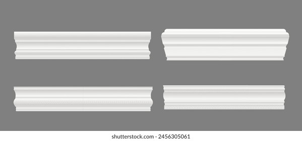 Rodamientos de pared baseboard o moldeado y moldeado interior cornisa, Vector realista. Rodeado de pared blanca o moldura de borde de cornisa para paneles de borde de techo y friso de placa de moldeo de estuco de yeso