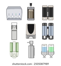 Conjunto de dispensador de jabón de pared de dibujos animados. Manos de montaje, sin contacto recargable, dispensador de jabón de pared automático manual signo. símbolo aislado Ilustración vectorial