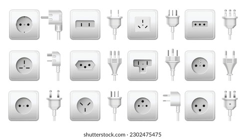 Wall socket and plug types. Electrical power point, white outlet and connectors from around the world realistic 3D vector illustration set. Household appliances or equipment isolated on white