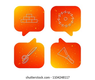 Wall, spatula and scissors icons. Circular saw linear sign. Orange Speech bubbles with icons set. Soft color gradient chat symbols. Vector