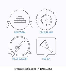 Wall, spatula and scissors icons. Circular saw linear sign. Award medal, star label and speech bubble designs. Vector
