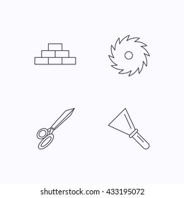 Wall, spatula and scissors icons. Circular saw linear sign. Flat linear icons on white background. Vector