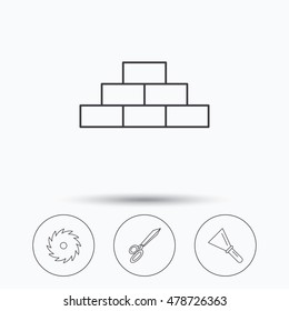 Wall, spatula and scissors icons. Circular saw linear sign. Linear icons in circle buttons. Flat web symbols. Vector