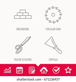 Wall, spatula and scissors icons. Circular saw linear sign. Edit document, Calendar and Graph chart signs. Star, Check and House web icons. Vector