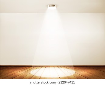 Wall with a spotlight and wooden floor. Showroom concept. Vector.