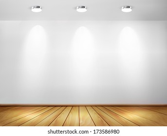 Wall with spotlights and wooden floor. Showroom concept. Vector illustration. 