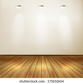 Wall with spotlights and wooden floor. Showroom concept. Vector illustration. 