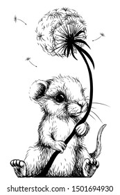 
Wall sticker. Cute little mouse is holding a dandelion flower.