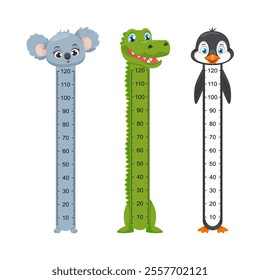 Wall Sticker for height measurement kids, kids height chart with cartoon animals. Cute wall meter with funny animals crocodile, penguin, koala.