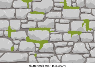 A Wall Of Stone, A Stone Wall Overgrown With Moss. Masonry Made Of Gray Stone. Vector, Cartoon Illustration, Vector.