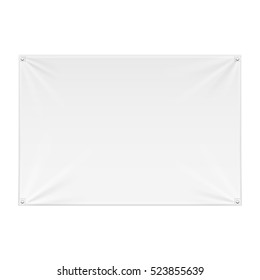 Wall Streamer Vinyl Flex Banner, Fabric, Nylon With Folds. Corners Ropes. Shield. Mock Up, Template. Illustration Isolated On White Background. Ready For Your Design. Product Advertising. Vector EPS10