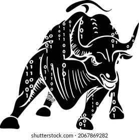 Wall Street bull with digital symbol shows New York trade market, online stock market, symbol black and white vector for travel, financial and education.