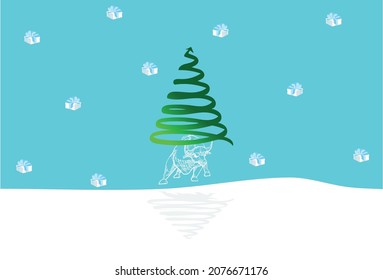 Wall Street bull drawn in 3D polygon line with spiral-arrow Christmas tree floating, gifts falling like snow, symbolizing success in financial market. It also projects a fin-tech feel. Vector.