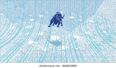The Wall Street Bull floats on a futuristic background, showing the high-tech, big data, and meta-cosmic trends of financial business.