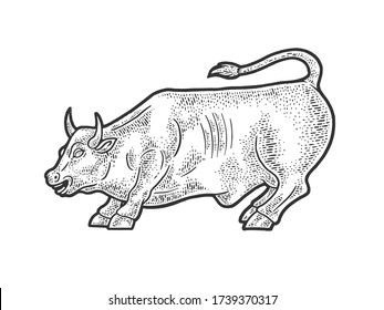 Wall Street Bull Statue sketch engraving raster illustration. T-shirt apparel print design. Scratch board imitation. Black and white hand drawn image.