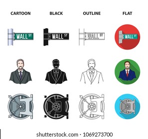 Wall Street, a businessman, a bank vault, a gold charging bull. Money and finance set collection icons in cartoon,black,outline,flat style vector symbol stock illustration web.