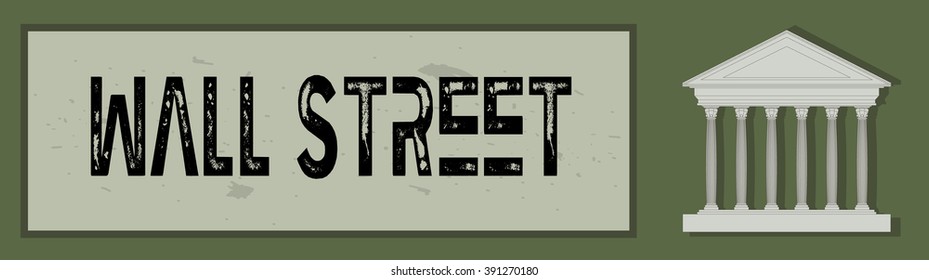 Wall Street label with illustration of bank. Vector art.