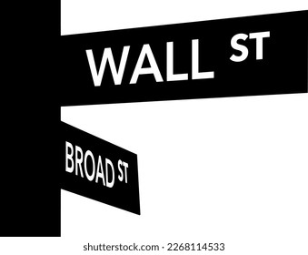 Wall Street, street sign. Intersection of Wall and Broad Streets sign. Isolated