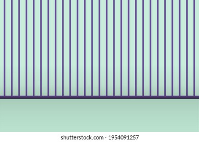 una pared con papel pintado a rayas y un suelo. Plantilla de fondo del vector. Una combinación de morado y verde.