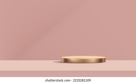 Wall studio with 3D Display Pink Gold Cylinder Podium on Beige Background,Vector luxury studio scene with circle stand for Valentine,Chinese new year,Christmas,Mothers Day product presentation